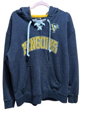 Pittsburgh Penguins NHL Lace-Up Hoodie Sweatshirt Gray Yellow Large